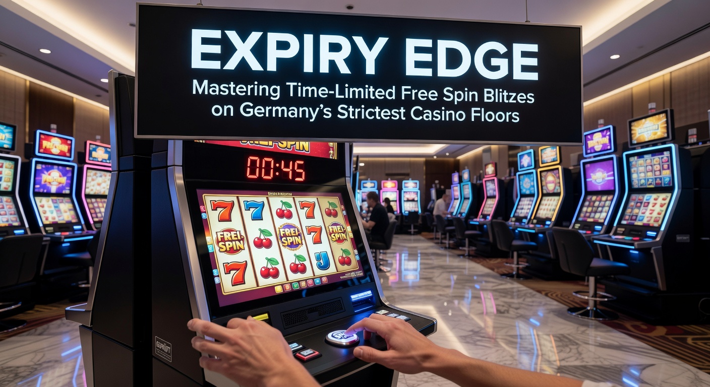 Drehende Slotwalzen mit leuchtendem Timer, der den Ablauf zeitlich begrenzter Free Spins anzeigt, vor dem Hintergrund eines regulierten deutschen Online-Casinos