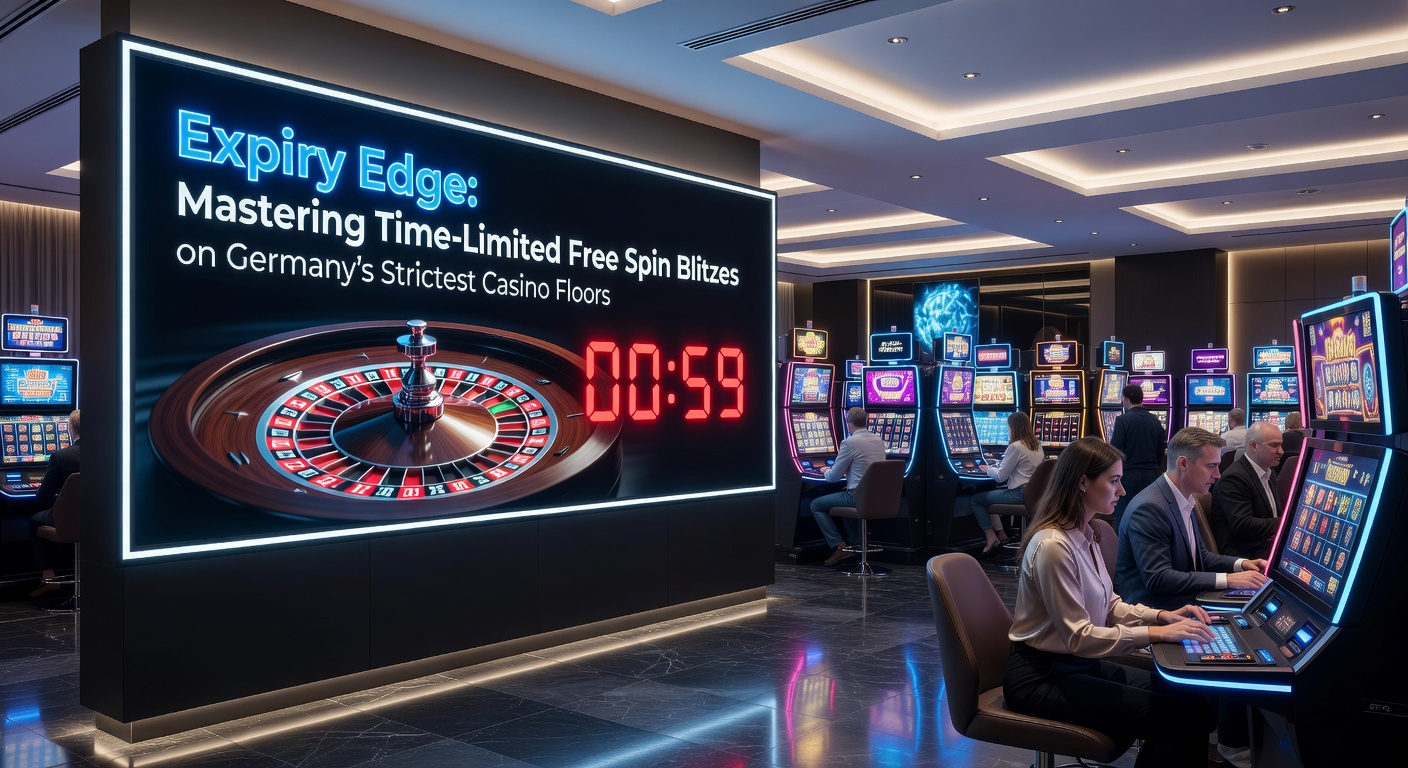 Smartphone-Bildschirm mit Casino-App, die einen ablaufenden Free-Spin-Timer und aktive Slot-Sessions auf einem deutschen regulierten Floor darstellt