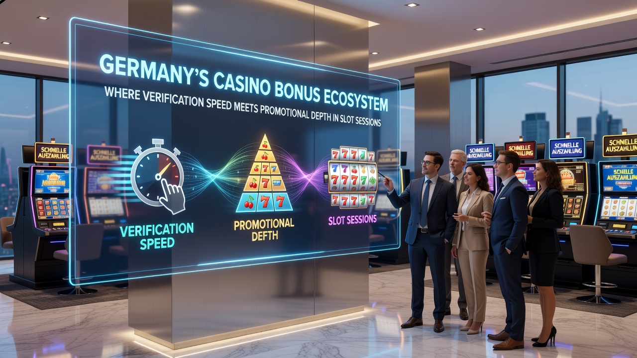 Illustration des deutschen Casino-Bonus-Ökosystems mit Fokus auf Verifizierung und Slot-Promotions