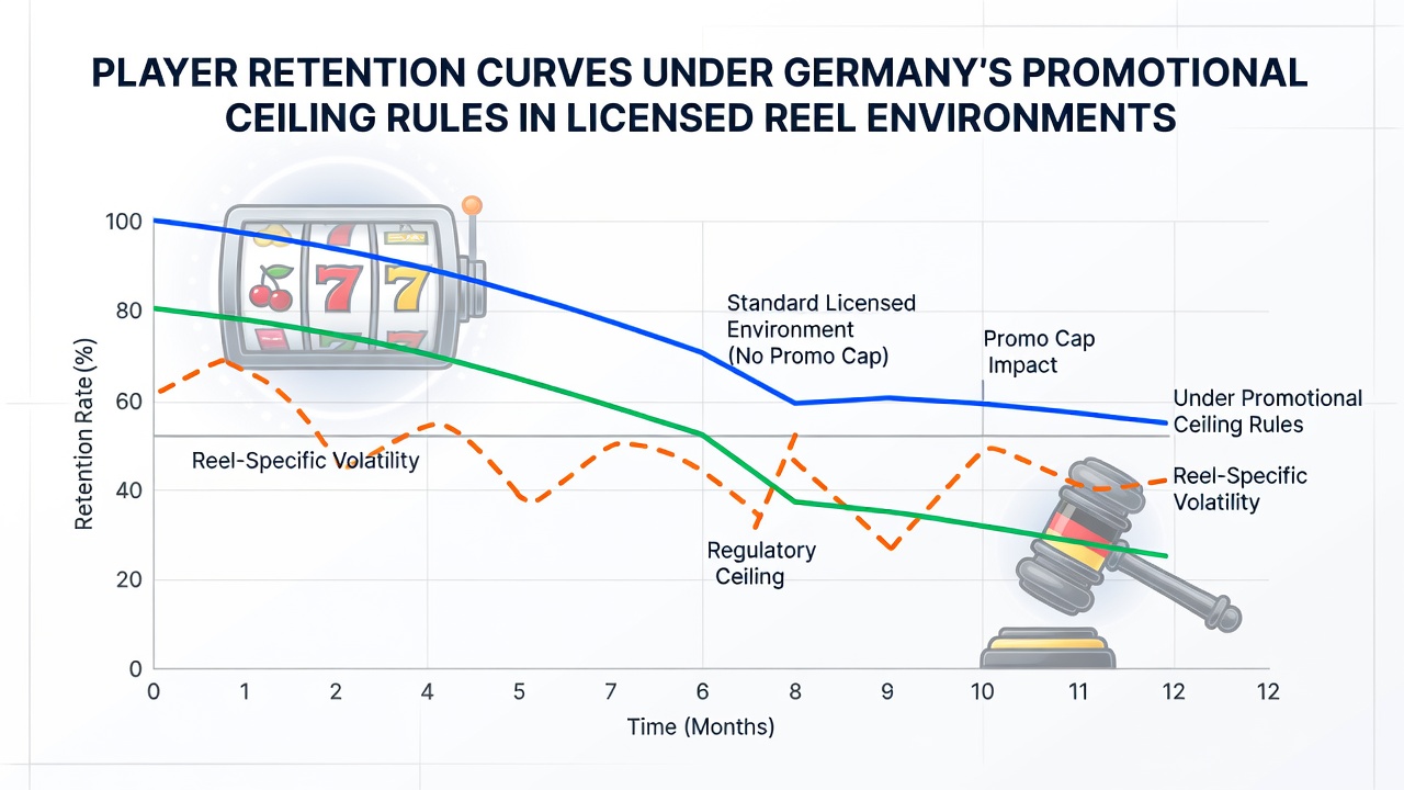 Grafik zeigt Retentionskurven von Spielern in deutschen lizenzierten Slot-Umgebungen mit Fokus auf Werbeobergrenzen