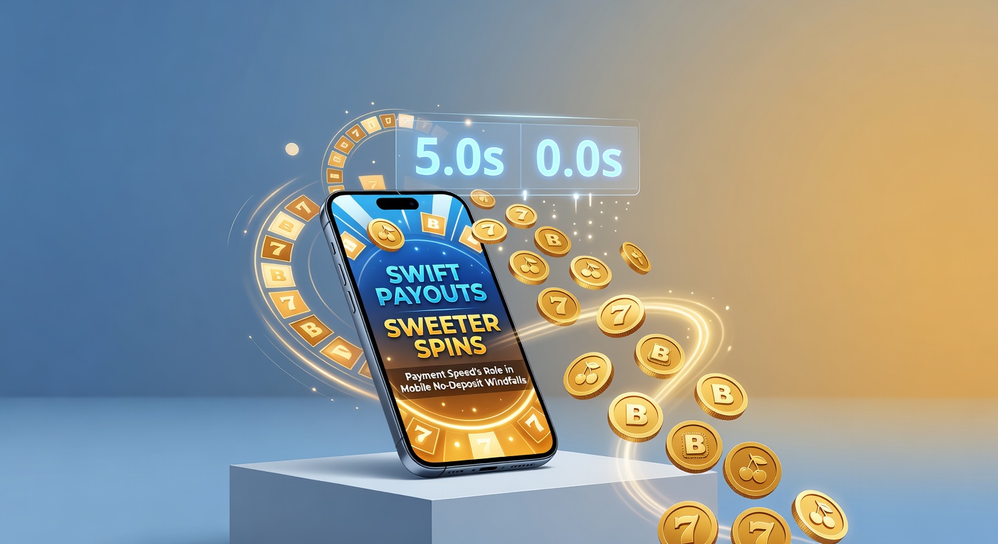 Smartphone mit Slot-Spiel und Blitz-Auszahlungssymbol, das mobile No-Deposit-Gewinne und schnelle Zahlungen illustriert